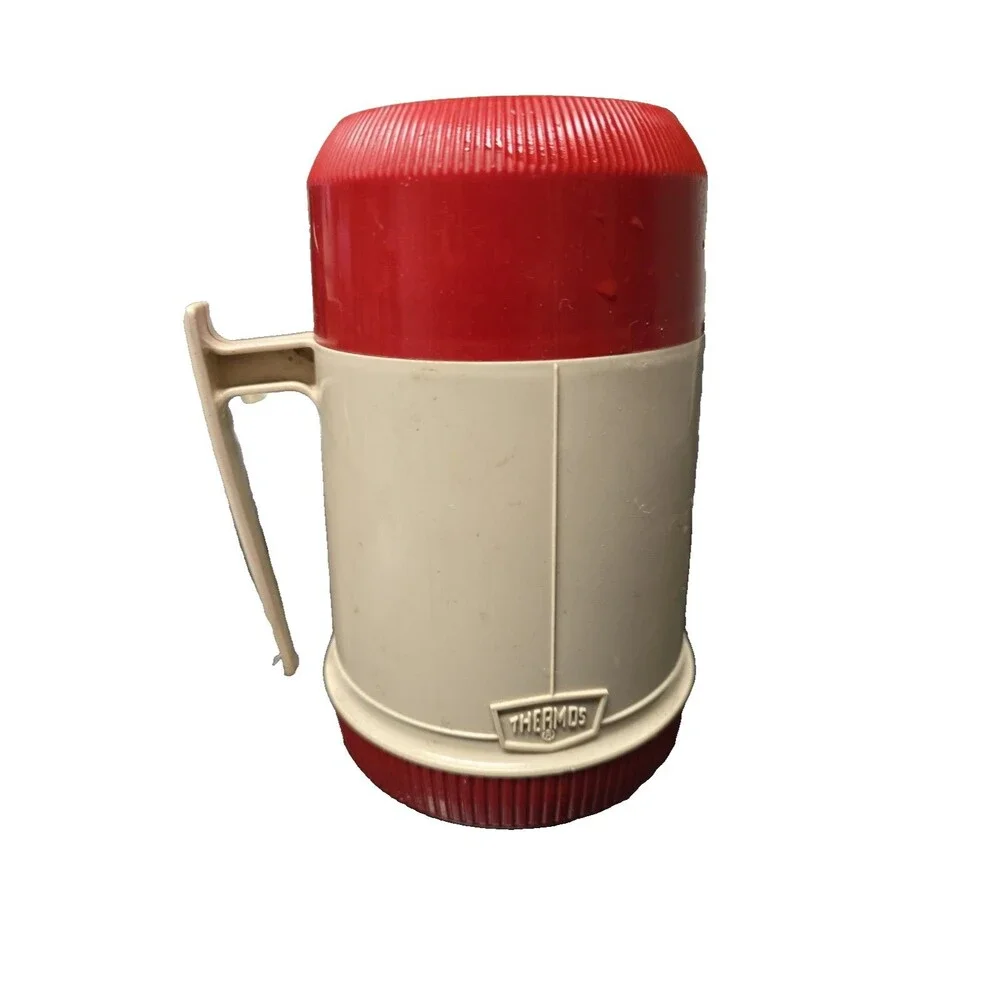 Vintage Thermos Vacuum Bottle/Jar Model 6002 Tan/Red USA Wide Mouth Glass Lined